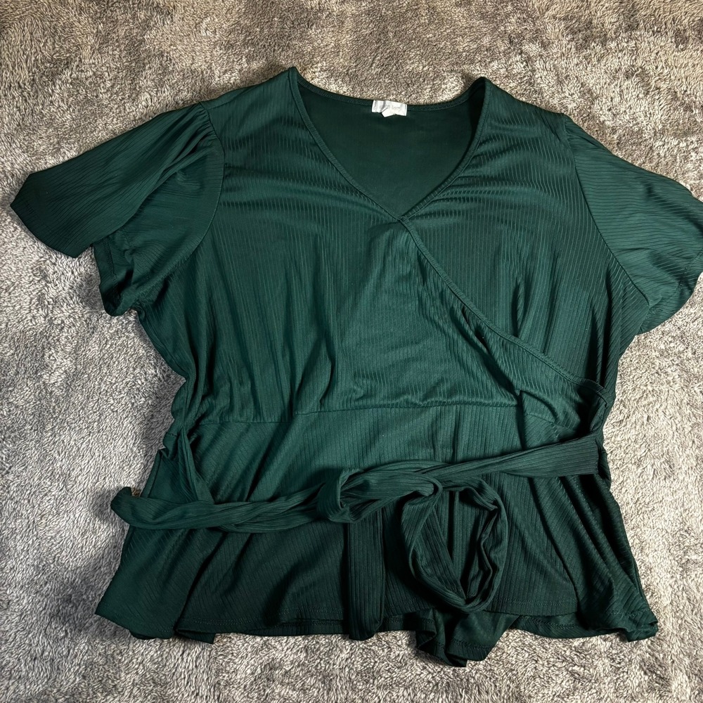 Windswept Green Ribbed Wrap Top Short Flutter Sleeve Tie Waist Peplum 3X